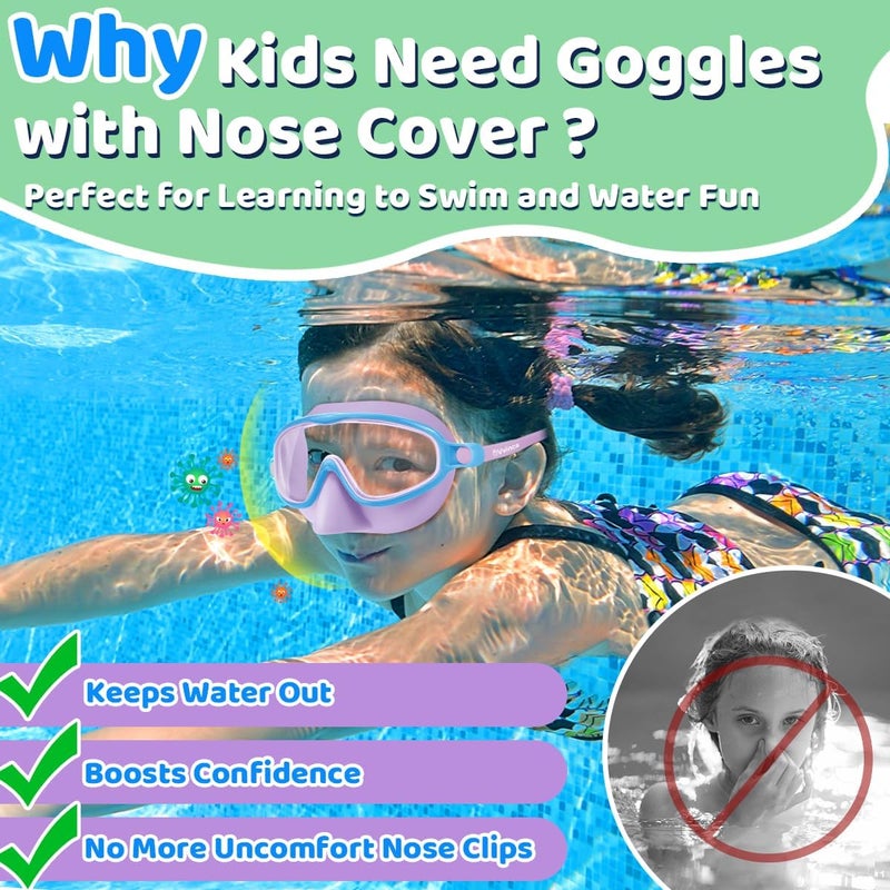 Vvinca Swim Goggles with Nose Cover, 2 Pack Wide View Diving Mask Anti-Fog UV No Leak Toddlers Swimming Goggles for Kids 3-15 - Image 2